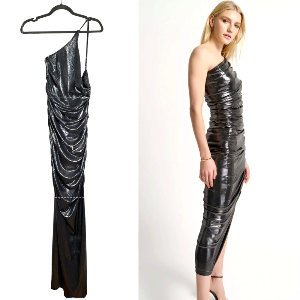 REvolve L Vintage 90s One Shoulder Bodycon Shimmer Dress Silver Liquid Gunmetal